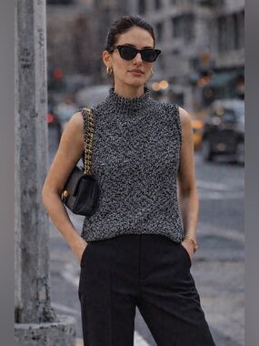 Black & White Marled Knit Mock Neck Sleeveless Top | 100% Cotton